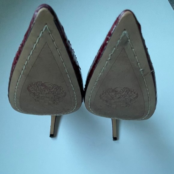 Vince Camuto Heels Pointy Toe Pumps Heels With Snake Print Plum Redish EUC - Picture 15 of 16